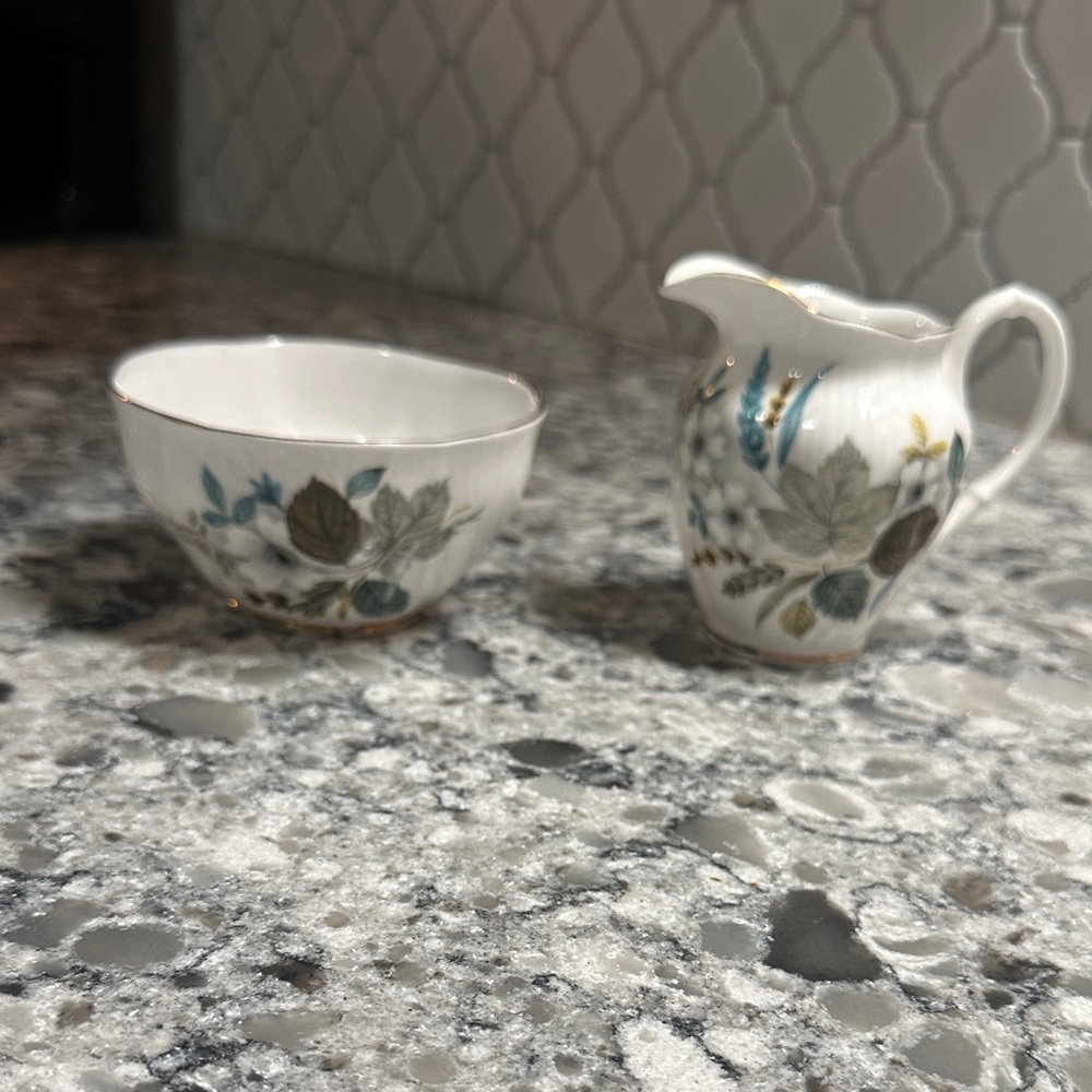 Royal Albert Cream and Blue Floral Teacup and Creamer Set